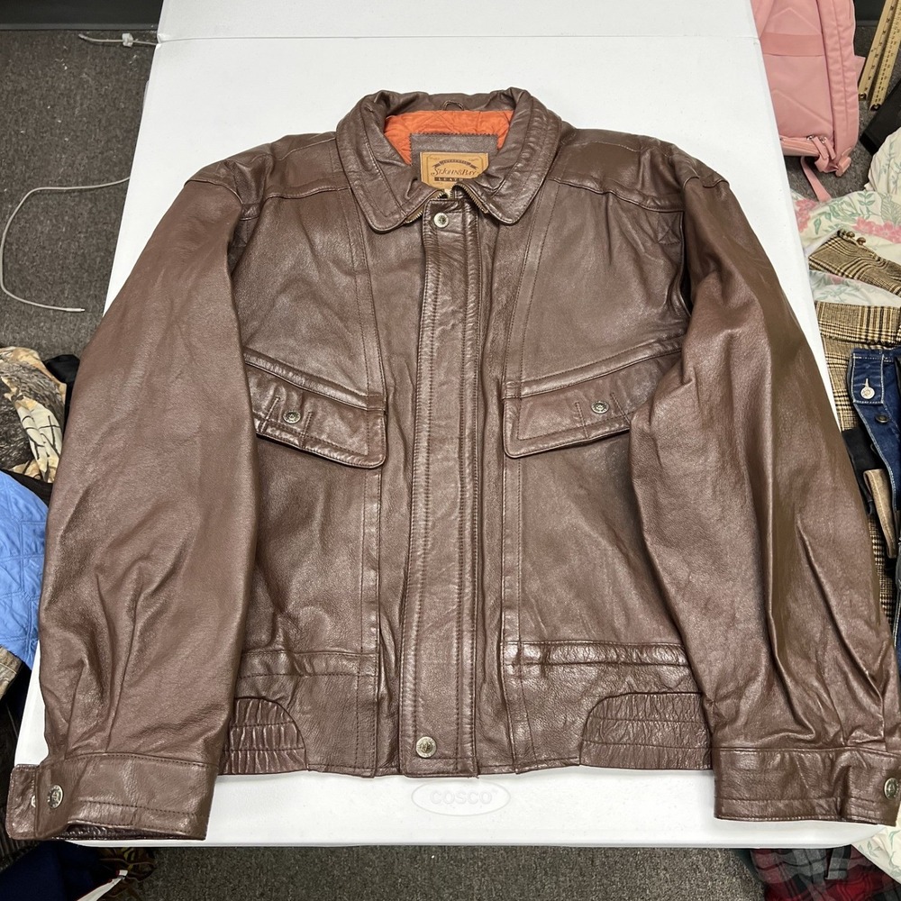St. Johns Bay Leather Jacket Mens XXL Brown Bomber Quilted Lining Full Zip F2